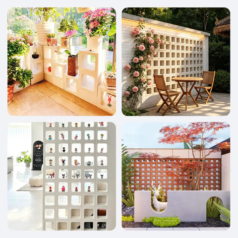Concrete Brick Molds For DIY Projects Reusable ABS Plastic Square Hollow Block Molds installed as garden walls and planters.