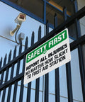 Warning Sign Report All Injuries No Matter How Small For First Aid Aluminum Safety Plaque Industrial Wall Decor on fence