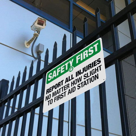 Warning Sign Report All Injuries No Matter How Small For First Aid Aluminum Safety Plaque Industrial Wall Decor on fence