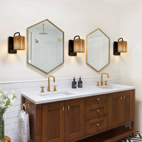Bathroom with Boho Rattan Wall Sconce With Hemp Rope, Handwoven Rustic Bohemian Modern Wall Light beside mirrors