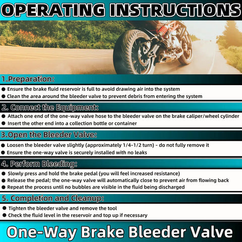 Operating instructions for Universal Brake Bleeder Kit with one-way valve and motorcycle background