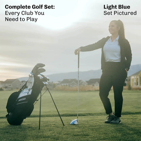 Woman standing on golf course with Ladies Complete Right Handed Golf Club Set With Lightweight Shafts, bag and clubs visible.