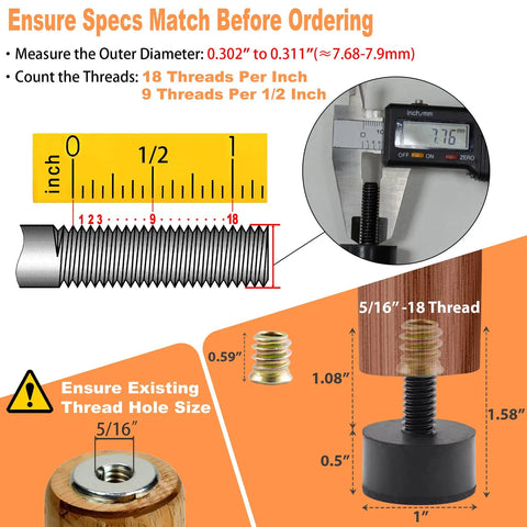 Ensure specs match for Heavy Duty Rubber Furniture Levelers featuring 5/16-18 thread, measuring thread size for proper fit.
