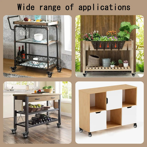 Heavy Duty Swivel Casters With Locking Brakes Roll Like Butter For Shopping Carts And Workbenches includes four caster wheels on various carts.