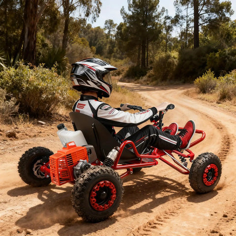 Person driving 2.2HP Gas Powered Go Kart For Adults And Kids, Gnarly 2 Stroke Off Road Ride With Steel Tubular Frame on dirt road