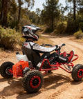 Person driving Rugged Off Road Go Kart for Adults and Kids with Premium Steel Tubular Frame 6 Inch All Terrain Tires on dirt trail