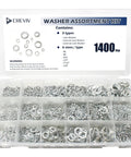 Washer assortment kit in clear case; 1400 carbon steel zinc-plated lock washers, sizes #6, #8, #10, 1/4, 5/16, 3/8