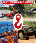 Red 11,000 lb swivel crane hook with safety latch, 360-degree rotating lifting eye, front view