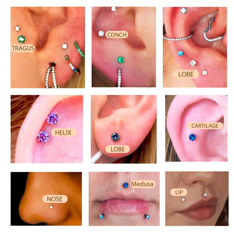 Dope Gold Plated Titanium Flat Back Piercing Set For Women And Men, 20G 18G 16G Threadless Cartilage Earrings With CZ Stones