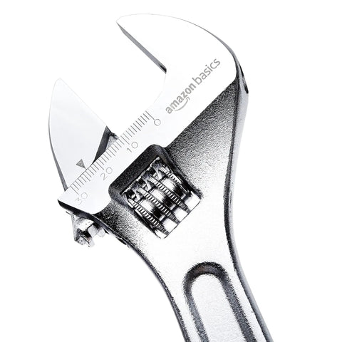 Close-up of a chrome-plated adjustable wrench with inch and metric scale, part of the 4 Piece Chrome Plated Adjustable Wrench Set for auto repair.