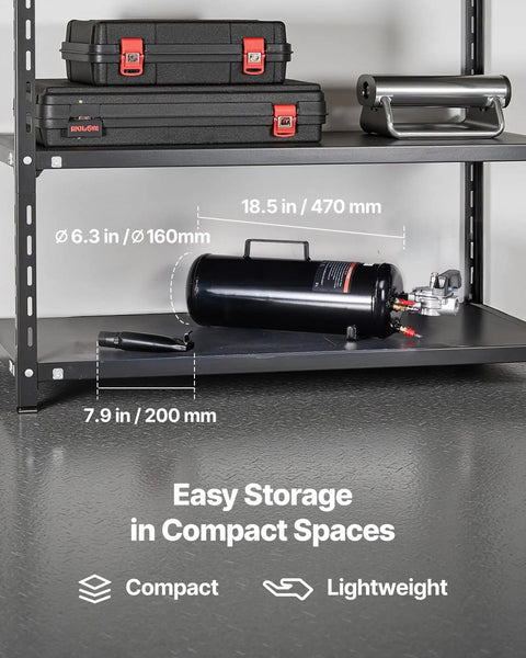 Portable Tire Bead Seater And Air Bead Blaster On The Go, 2.1 Gal Tank shown on shelf for easy storage in compact spaces