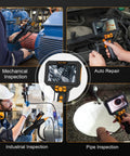 Articulating Borescope With Dual Lens, 5 Inch IPS Screen, 8 LED Lights, 3 Level Brightness, IP67 Waterproof Oil Resistant Inspection Camera For Pipes And Gear, 8GB Storage, Switch Views In Tight Spaces shown in use for mechanical, auto, industrial, and pipe inspections.