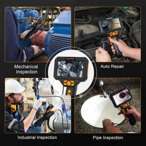 Articulating Borescope With Dual Lens, 5 Inch IPS Screen, 8 LED Lights, 3 Level Brightness, IP67 Waterproof Oil Resistant Inspection Camera For Pipes And Gear, 8GB Storage, Switch Views In Tight Spaces shown in use for mechanical, auto, industrial, and pipe inspections.