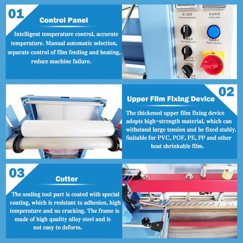 Control panel and upper film fixing device of Built Tough Semi Automatic Plastic Film Sleeve Sealing Machine, suitable for various films.