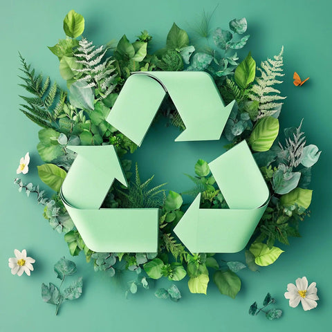 Recycling symbol surrounded by green leaves and flowers on a green background