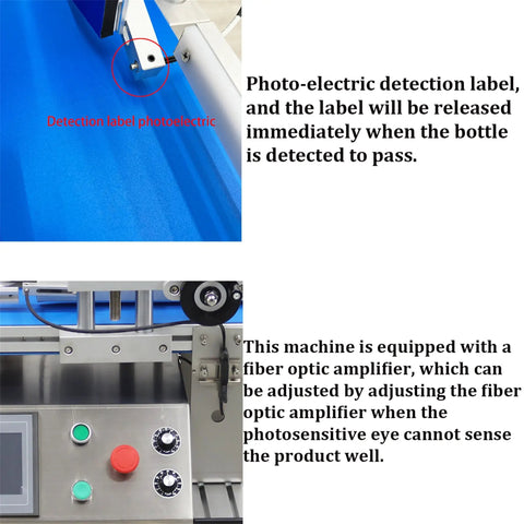 Photo-electric detection system and fiber optic amplifier of Fast Track Automatic Desktop Conveyor Round Bottle Labeler.