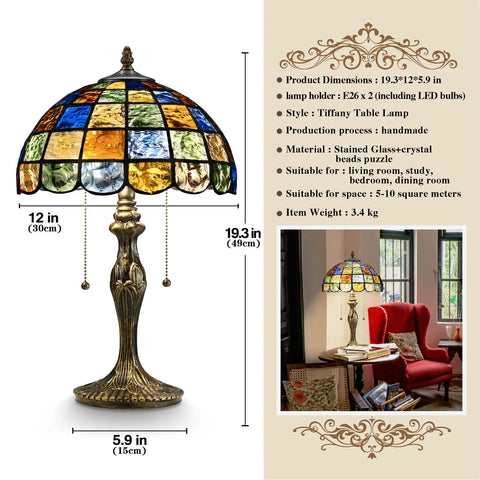 Crystal Square Tiffany Style Stained Glass Table Lamp 16 Inch Wide Handcrafted Desk Light for Living Room Bedroom Office Bedside