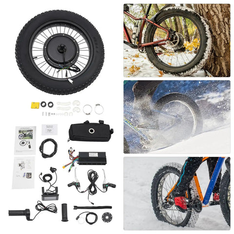 Beefed Up 48V 1500W Electric Bicycle Conversion Kit with 20 inch rear hub wheel, pedal assist sensor and LCD display in snow