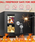 1.3 Cu Ft Fireproof Safe Box With Key Lock For Home And Office, steel box with open door showing medications and cash inside, sparks from drill