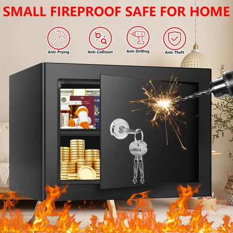 1.3 Cu Ft Fireproof Safe Box With Key Lock For Home And Office, steel box with open door showing medications and cash inside, sparks from drill