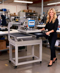 16x24 Inch Dual Station Pneumatic Heat Press With Up Sliding Platen And Infrared Laser Positioning For Fast DTF Sublimation T Shirt Transfers 110V 2000W Stand Included Production Grade Press For Small Business in a workshop setting