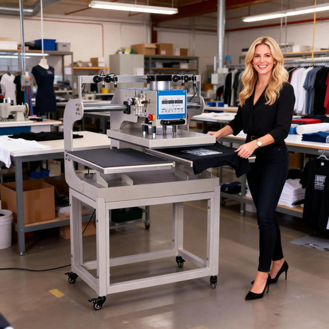 16x24 Inch Dual Station Pneumatic Heat Press With Up Sliding Platen And Infrared Laser Positioning For Fast DTF Sublimation T Shirt Transfers 110V 2000W Stand Included Production Grade Press For Small Business in a workshop setting