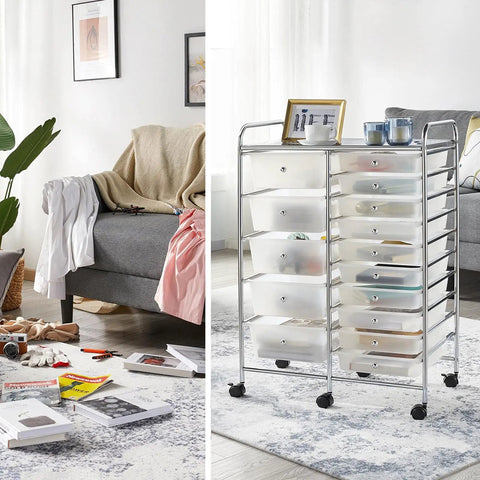 15 Drawer Rolling Storage Cart On Wheels With Two Drawer Sizes White in a home setting with art supplies and cozy decor.