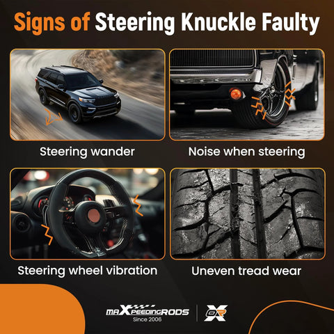 Signs of faulty steering knuckle include steering wander and noise, steering wheel vibration, uneven tread wear.