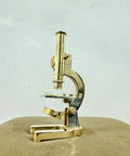 Top Shelf Handmade Solid Brass Microscope With Adjustable Focus Knob straight on view, 8 inches tall, decorative and educational.