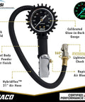 Front view of JACO FlowPro tire inflator with calibrated glow-in-dark pressure gauge (100 psi)
