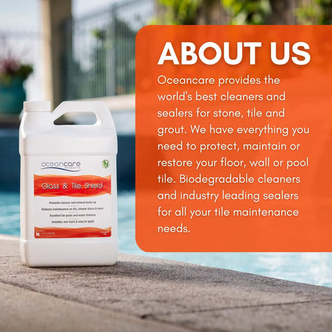 Glass And Tile Shield Gallon Protectant with pool background showing protection for tiles and rock water features.