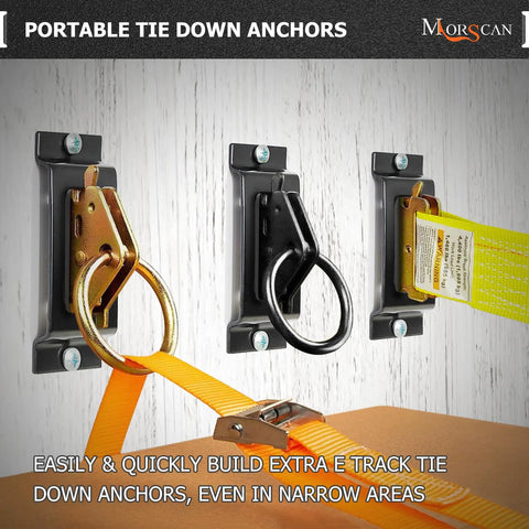 Heavy Duty 10 Pack E Track Tie Down Anchors Single Slot Anchor Points With Screws. Gold and black anchors on a wood wall.