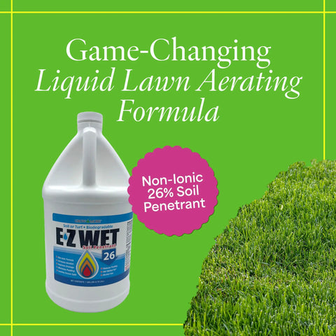 Image of EZ Wet Soil Penetrant 26 Percent Biodegradable Non Ionic Surfactant One Gallon bottle on green background with lawn grass.