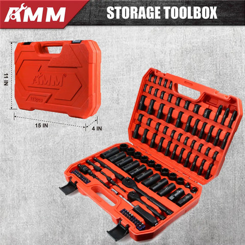 Impact Socket Set 123 Piece With 1/4 And 3/8 Inch Drives, Deep And Shallow Sockets, 6 Point Metric And SAE, 4-22mm Range in red case