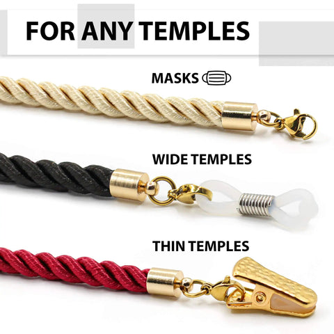 Glasses Strap Set, 3 Pack Gold Terylene Eyewear Lanyard With Alligator Clips, Silicone Loops And Jewelry Clasps detail view.