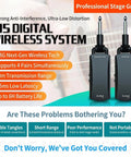 Image displaying M5 Digital Wireless System, featuring two 5.8GHz transmitters and receivers for live gigs with low latency, 50m range.