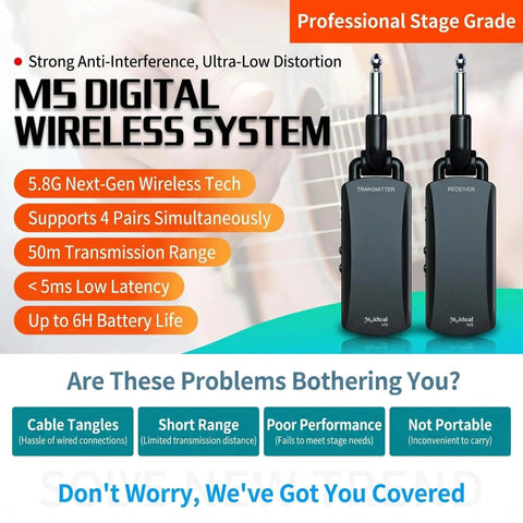 Image displaying M5 Digital Wireless System, featuring two 5.8GHz transmitters and receivers for live gigs with low latency, 50m range.