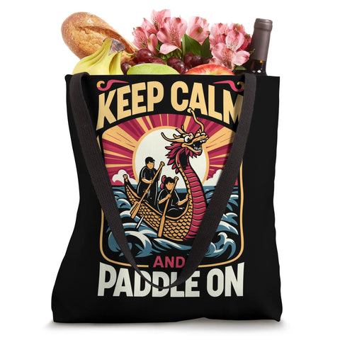 Dragon Boat Racing Tote Bag For Festival And Race Day with dragon artwork, filled with groceries, black canvas, 16x16 inches