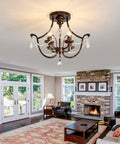 Oil Rubbed Bronze Crystal Chandelier Vintage Semi Flush Mount 4 Light Small Metal Ceiling Fixture in living room