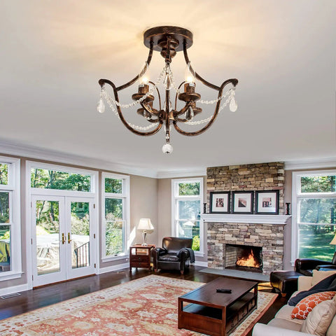 Oil Rubbed Bronze Crystal Chandelier Vintage Semi Flush Mount 4 Light Small Metal Ceiling Fixture in living room
