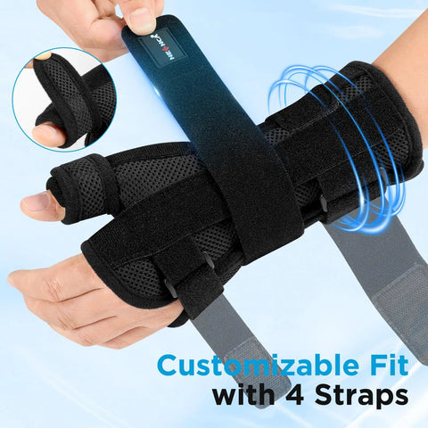Carpal Tunnel Night Wrist Brace With Adjustable Fit And Four Splints For Arthritis Tendonitis Sprains, showing black straps