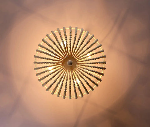 4 Light 17 Inch Wood Beaded Pendant Chandelier With White Finish Boho Style Semi Flush Mount Ceiling Light Fixture illuminated