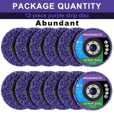WelderElite strip discs, 4-1/2" purple abrasive discs, 12-pack for angle grinder; removes paint, rust.