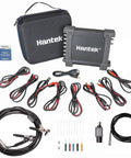 8 Channel USB Automotive Diagnostic Oscilloscope with DAQ and Signal Generator, cables, probes, and carry case displayed.