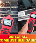 Red Forensics gas detector handheld with LCD readout showing 0 ppm and flexible probe near oven