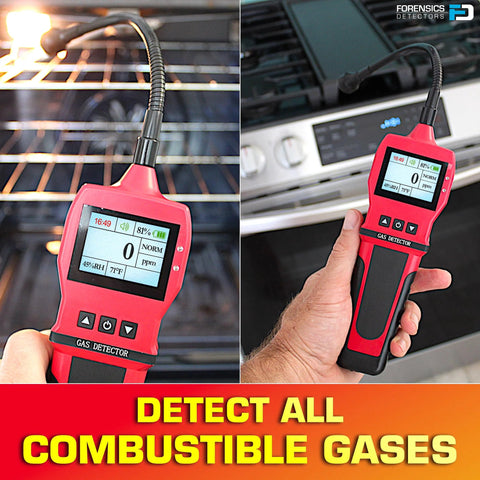 Red Forensics gas detector handheld with LCD readout showing 0 ppm and flexible probe near oven