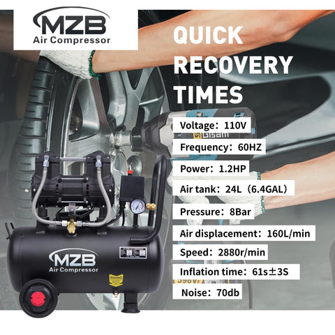 Image of 6.4 Gallon Ultra Quiet Air Compressor With Steel Tank And Wheels Oil Free 70 Decibels 110V for auto repair.