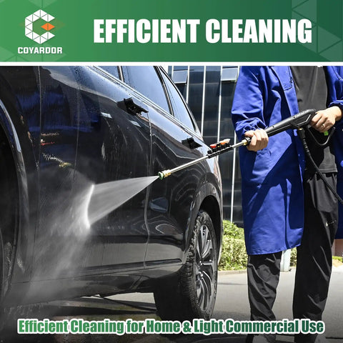 Person using 3600 PSI Pressure Washer Gun Kit With Extension Wand Nozzle Holder And 5 Spray Tips M22 To 14mm Fitting Replacement For Ryobi Karcher Honda Greenworks Briggs And Stratton Gas Power Washers on black car