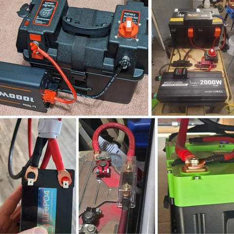2/0 AWG Battery Cable Set 1 Ft Red And Black Copper Welding Cables Built Tough With 3 By 8 Inch Lug Terminals For Solar Inverter RV Boat Marine Automotive Replacement Parts. Red and black cables connected to battery and inverter systems.