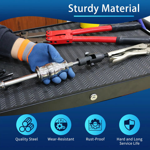 Person holding Heavy Duty Locking Pliers And Vise Grip Slide Hammer Puller Set For Fastener Removal And Body Work 9.8 Inch Pliers And 2 Pound Hammer With Quick Release Swivel Connector Gearoll on a workbench.